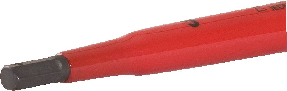 Red screwdriver with a flat, hexagonal tip, suitable for hexagon screws.