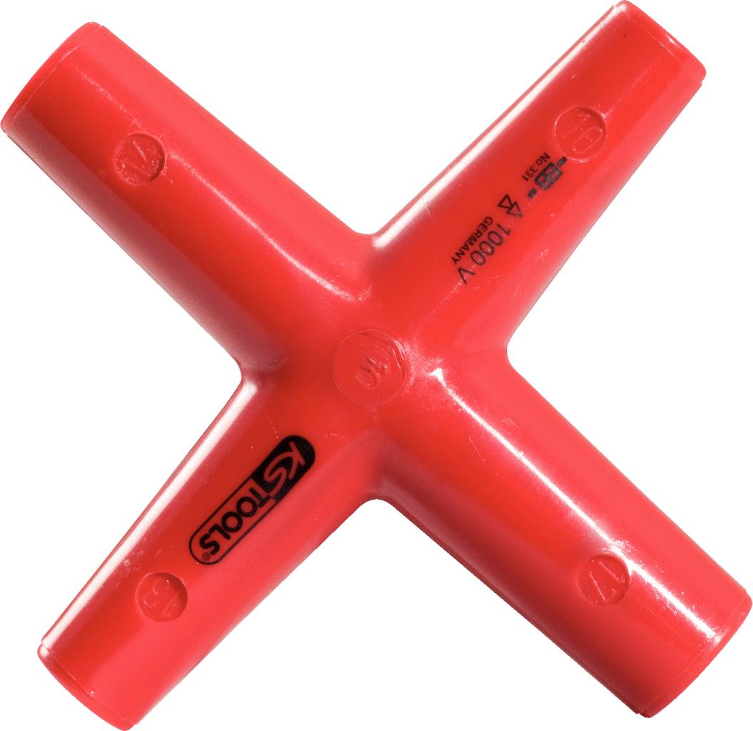 Red cross-shaped tool, presumably a socket wrench, with a black 'KS Tools' logo on a white background.