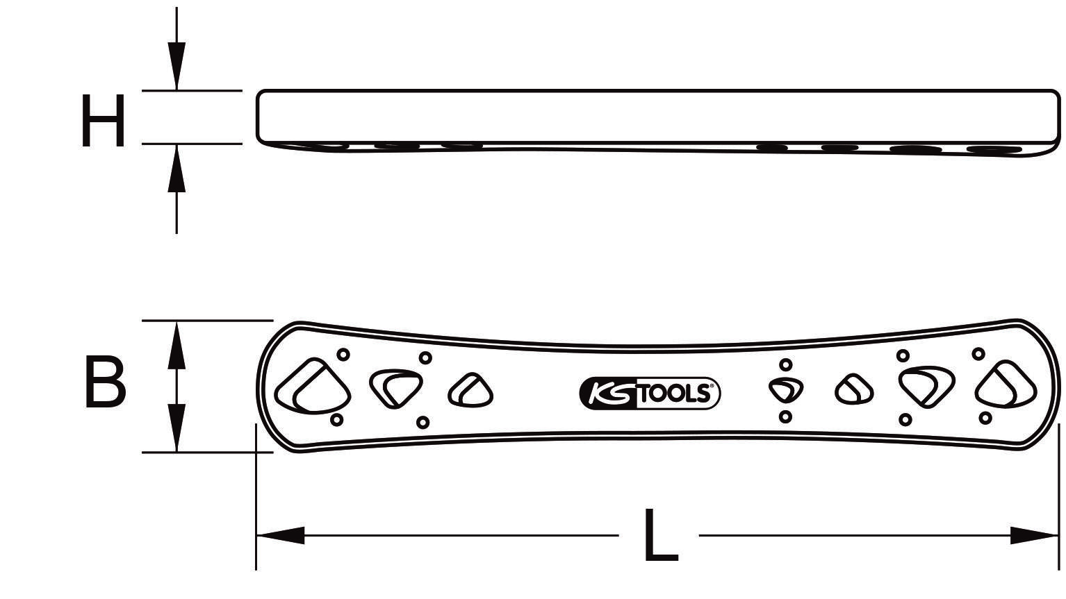 Diagram of a KS Tools handlebar weight compensation bar. Shows the length (L), width (W) and height (H) of the component.