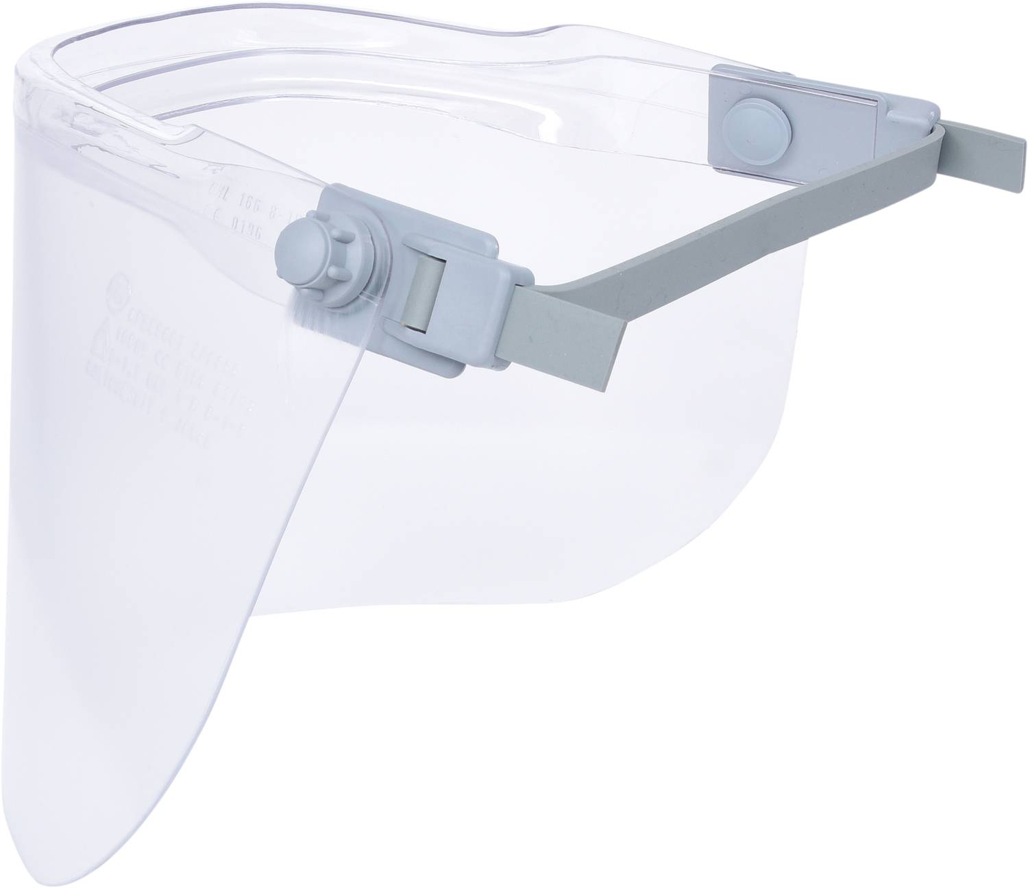 Clear plastic face shield with grey headband. Used to protect the face from splashes or droplets.