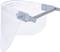 Clear plastic face shield with grey headband. Used to protect the face from splashes or droplets.