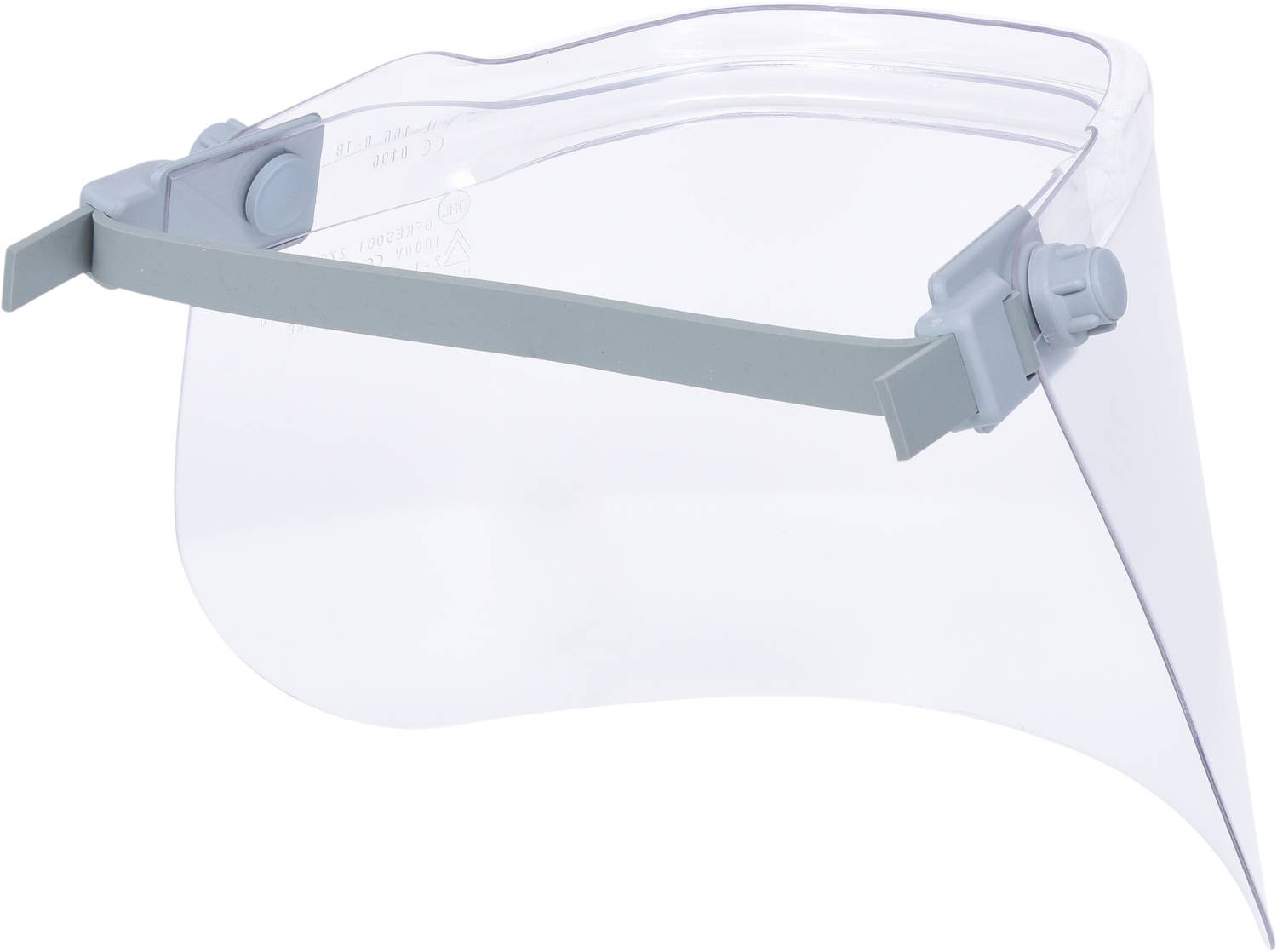 A transparent face shield with a grey headband, offering protection against splashes. Suitable for medical or manual work.