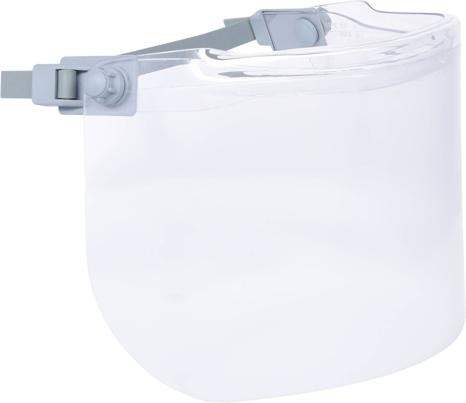 Transparent plastic protective visor with adjustable grey mounting, suitable for face protection in industrial environments.