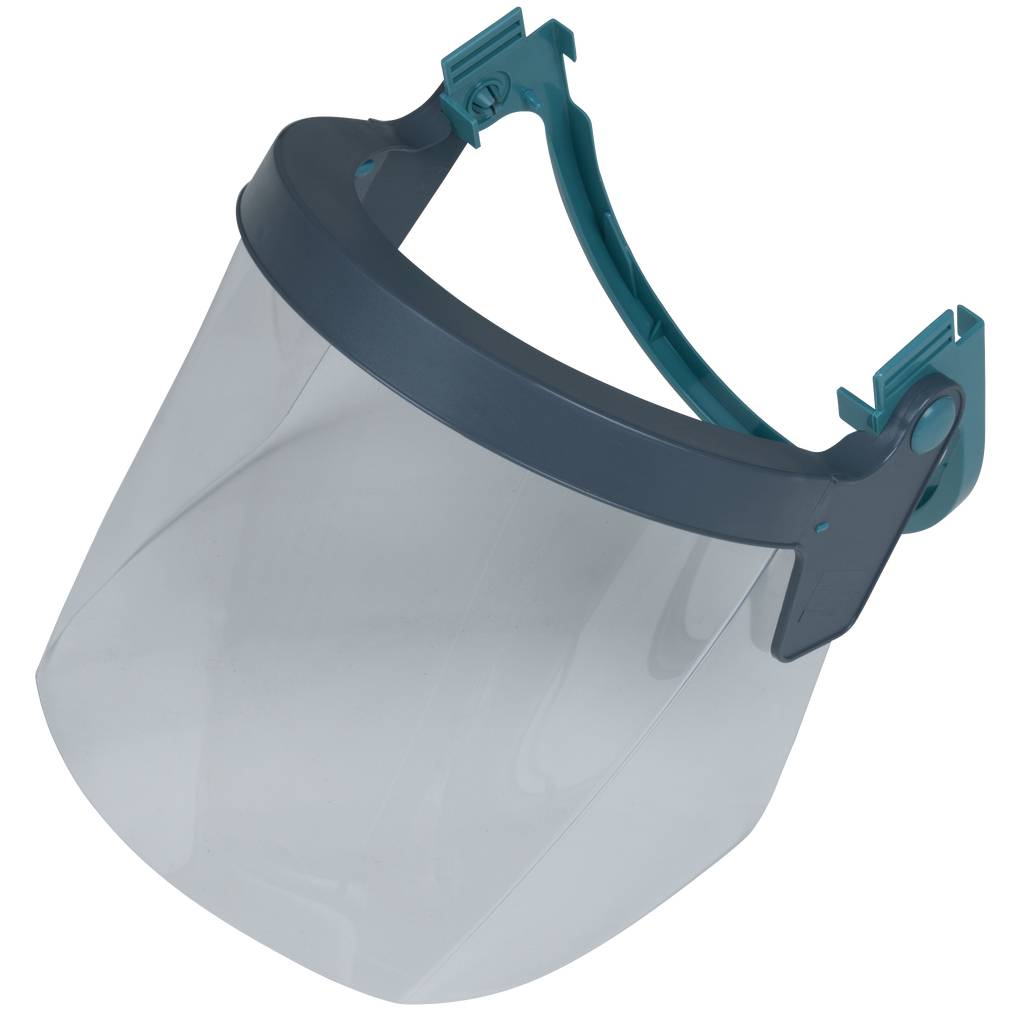 Transparent face shield with blue frame, used for protection against splashes and particles, suitable for medical applications.