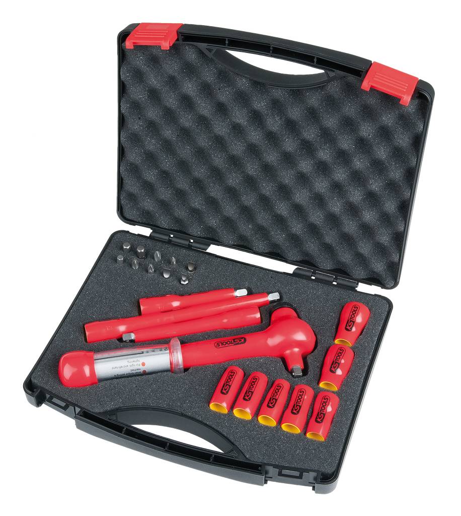 Tool case with red, insulated cordless screwdriver set and accessories, with custom-shaped foam insert for protection. Ideal for electricians.