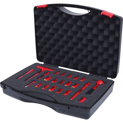 A black tool case with foam lining contains red communication and repair tools, neatly arranged.