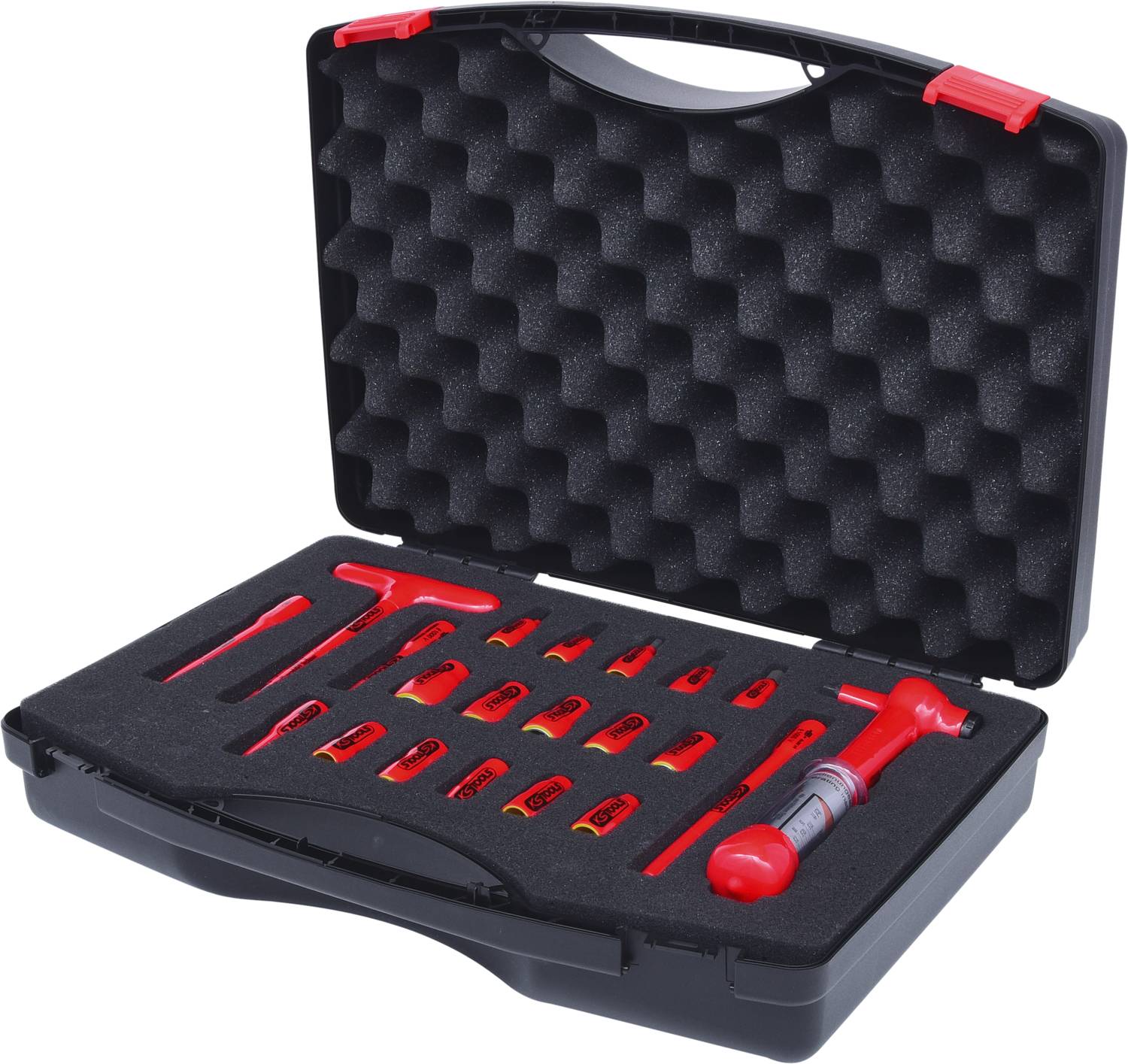 Toolbox with various red hand tools, including screwdrivers and pliers, neatly arranged in a black case.