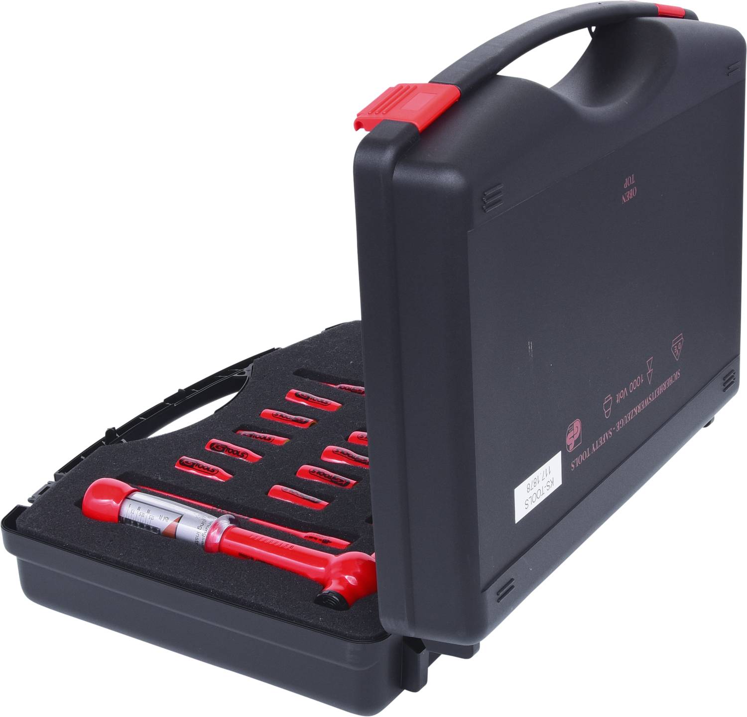 A black case with red clips, opened, reveals a set of red tools, including a spanner and various bits.