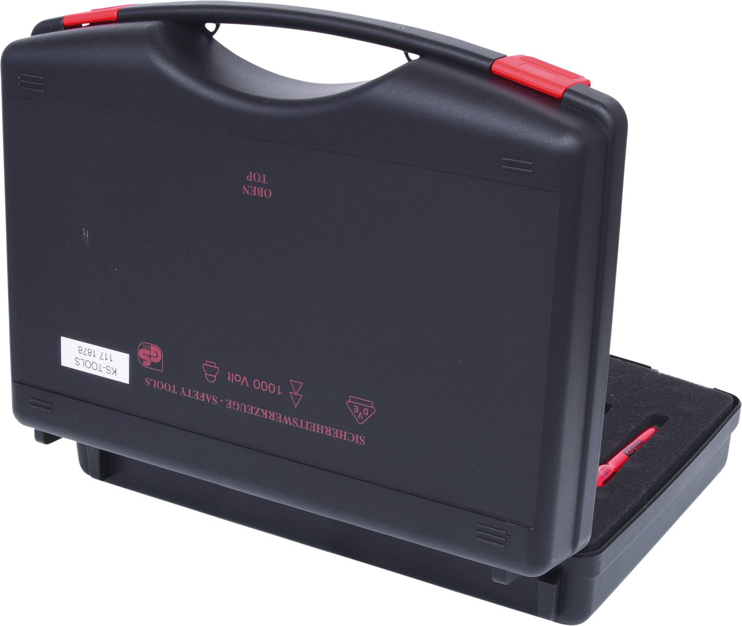 A black tool case with red latches, slightly open, partially reveals its contents, which include a red tool.