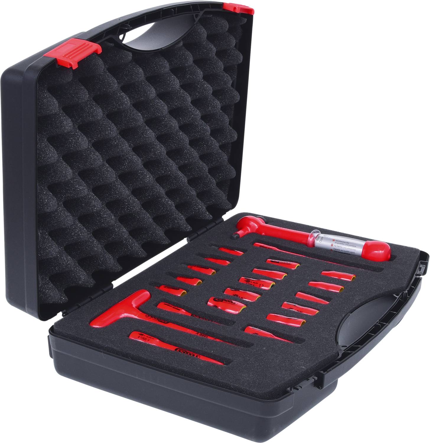 A black case with foam lining contains red tools, including spanners and a screwdriver.