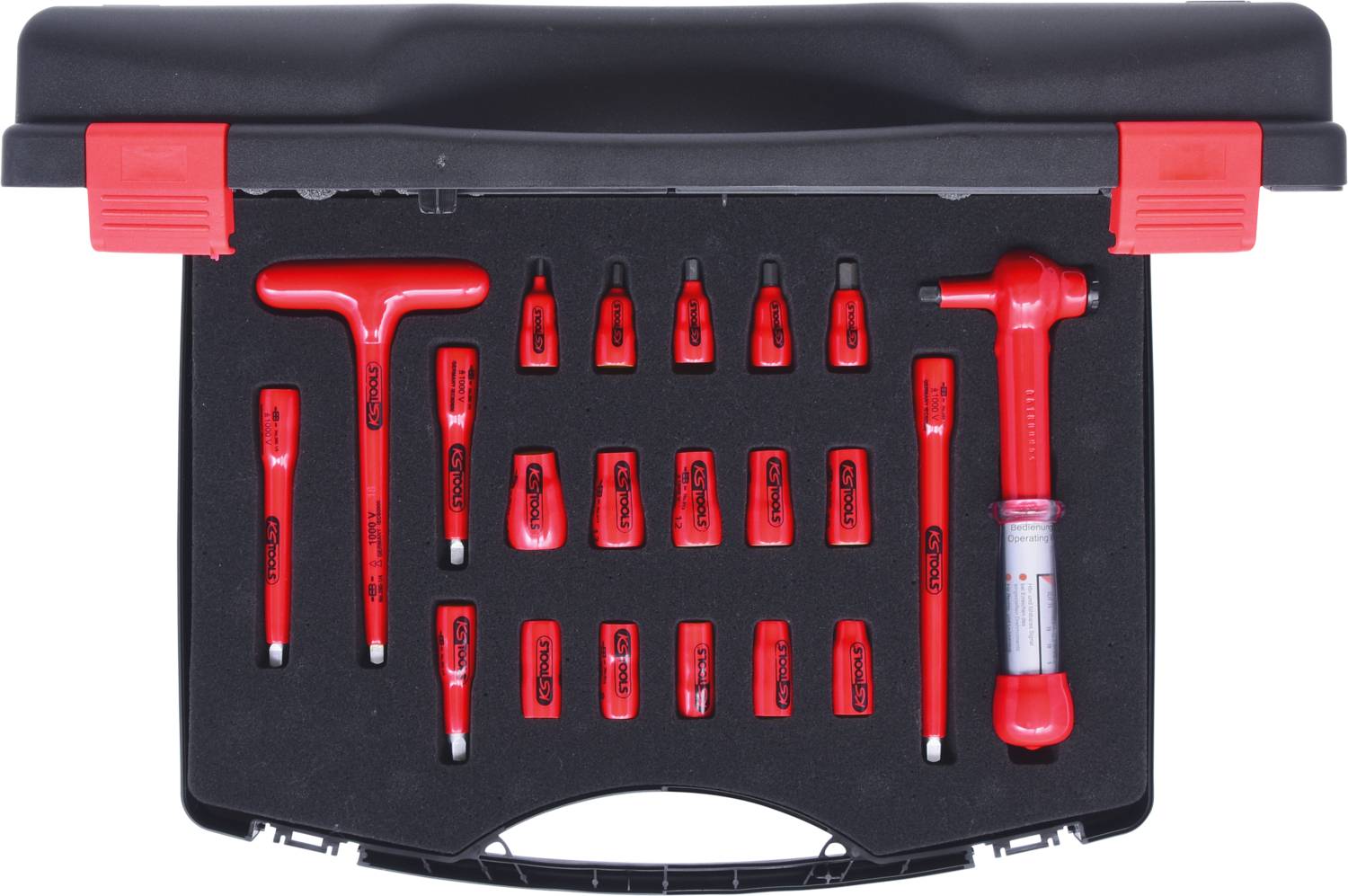 A tool set with a red rubber mallet, T-handles and various screwdriver bits in a black case.