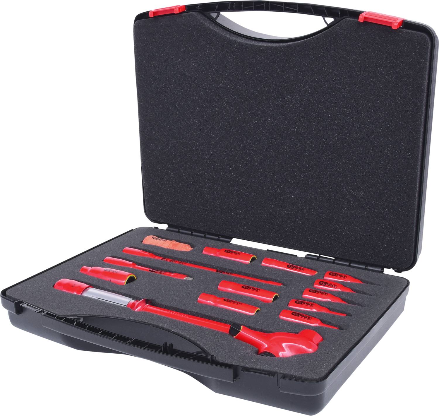 'Tool case with various insulated hand tools, including screwdrivers and pliers, in a black case.'