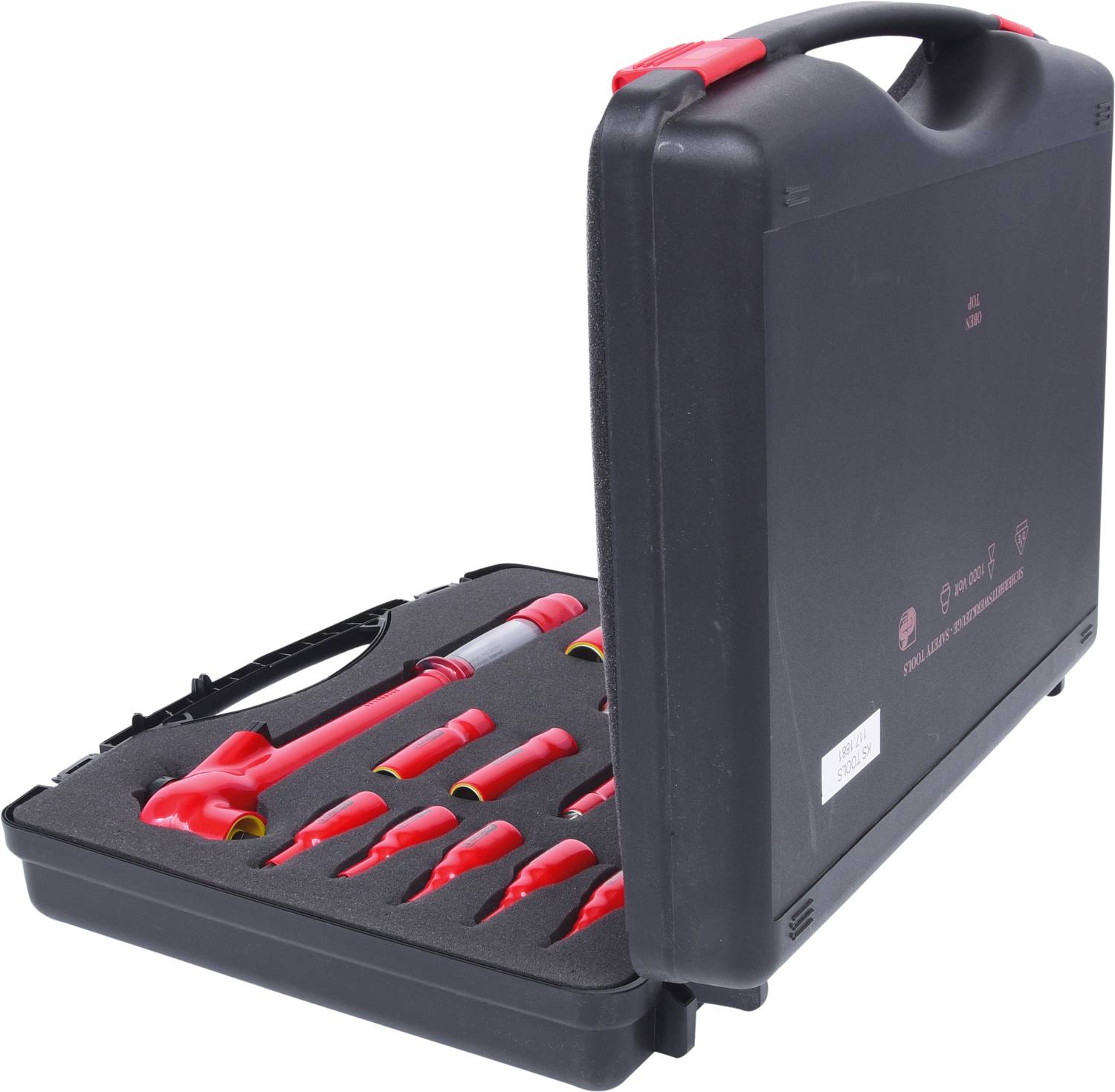 An open black toolbox with red and yellow hand tools, including screwdrivers and pliers, laid out on a foam insert.