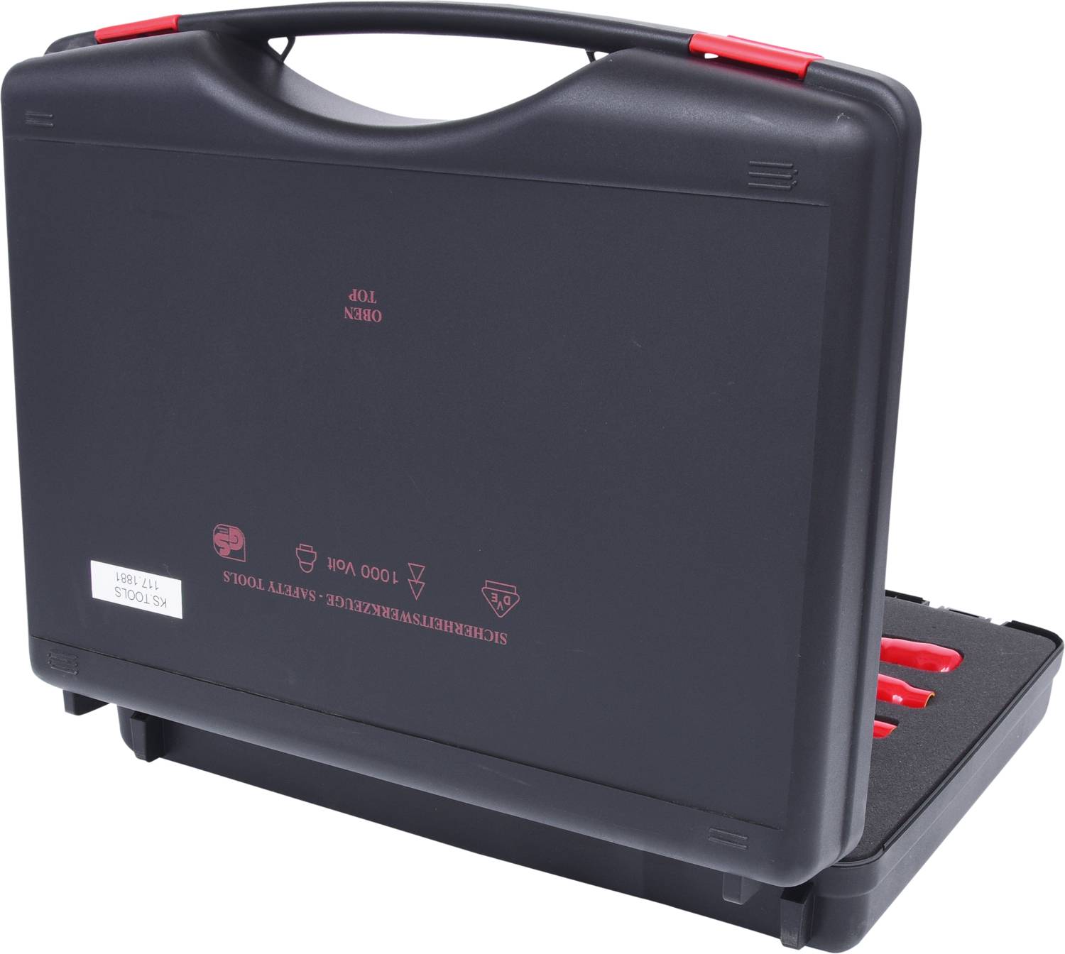 A black suitcase with red fasteners is slightly open. Inside, red tools are nestled in their corresponding compartments.