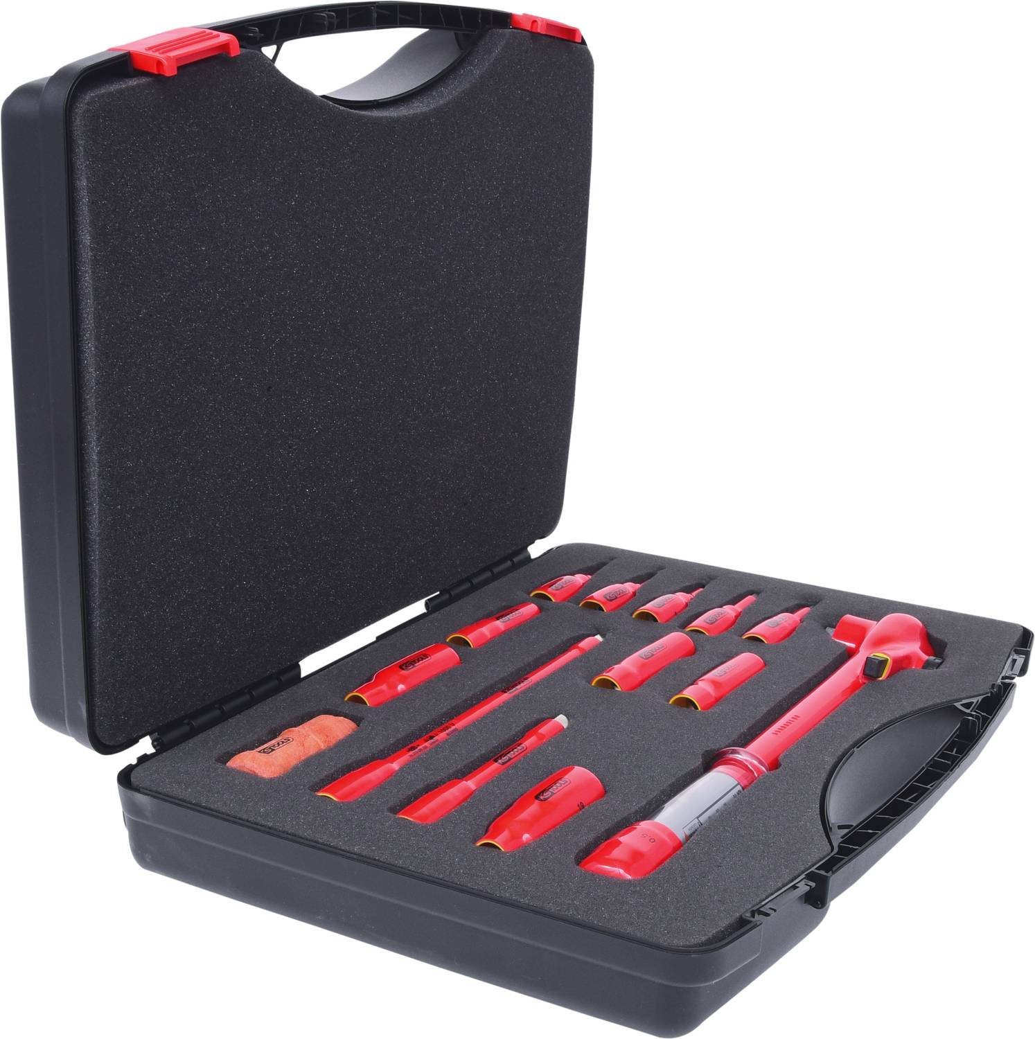 An open toolbox with several red tools, including various screwdrivers and a torque wrench, set on black foam.