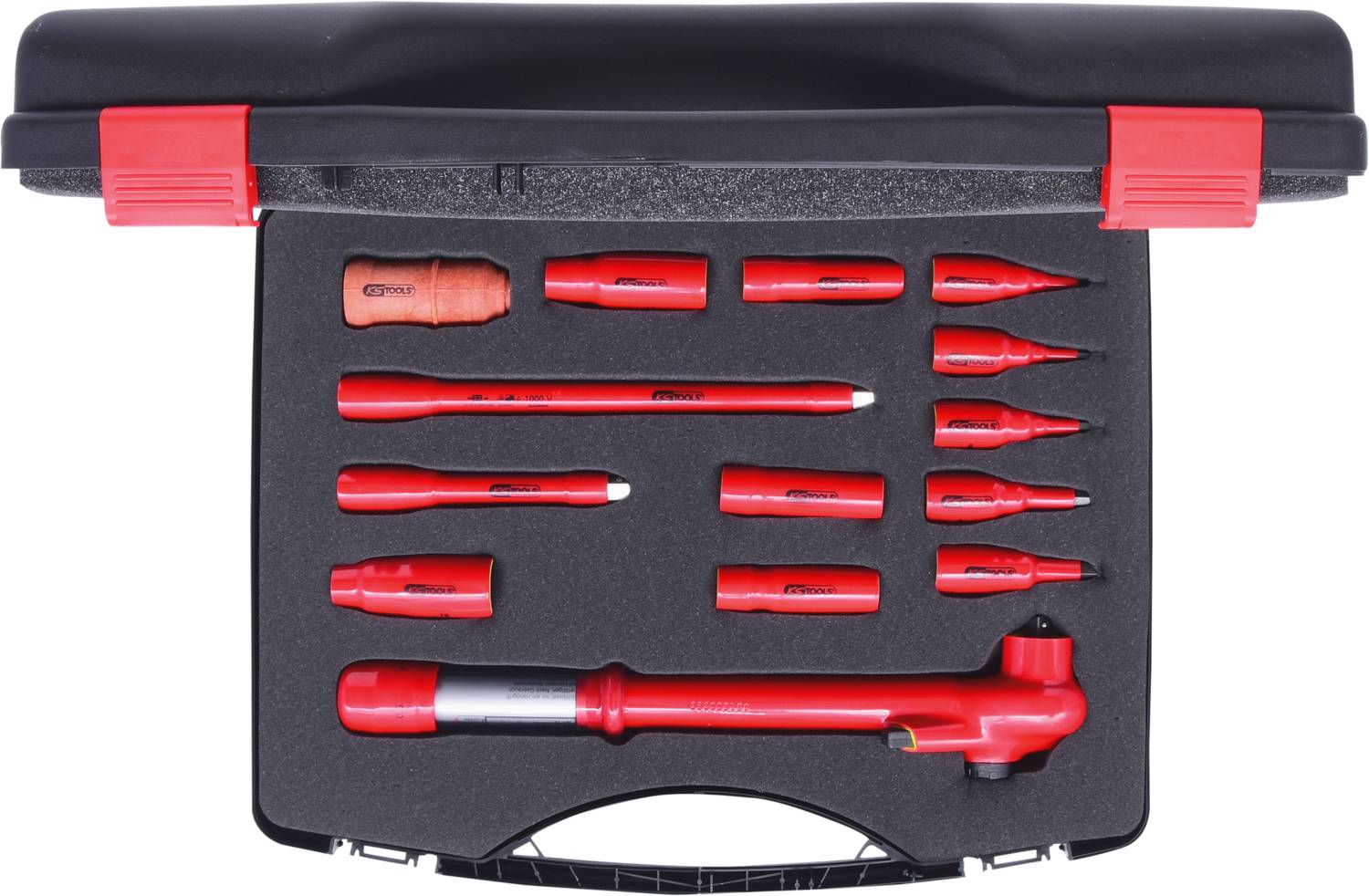 A red tool set in a black case with a foam-shaped interior lining. Contains various precision tools.