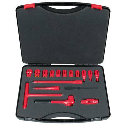 An open suitcase containing a red, eleven-piece spanner set, neatly laid out in foam padding.