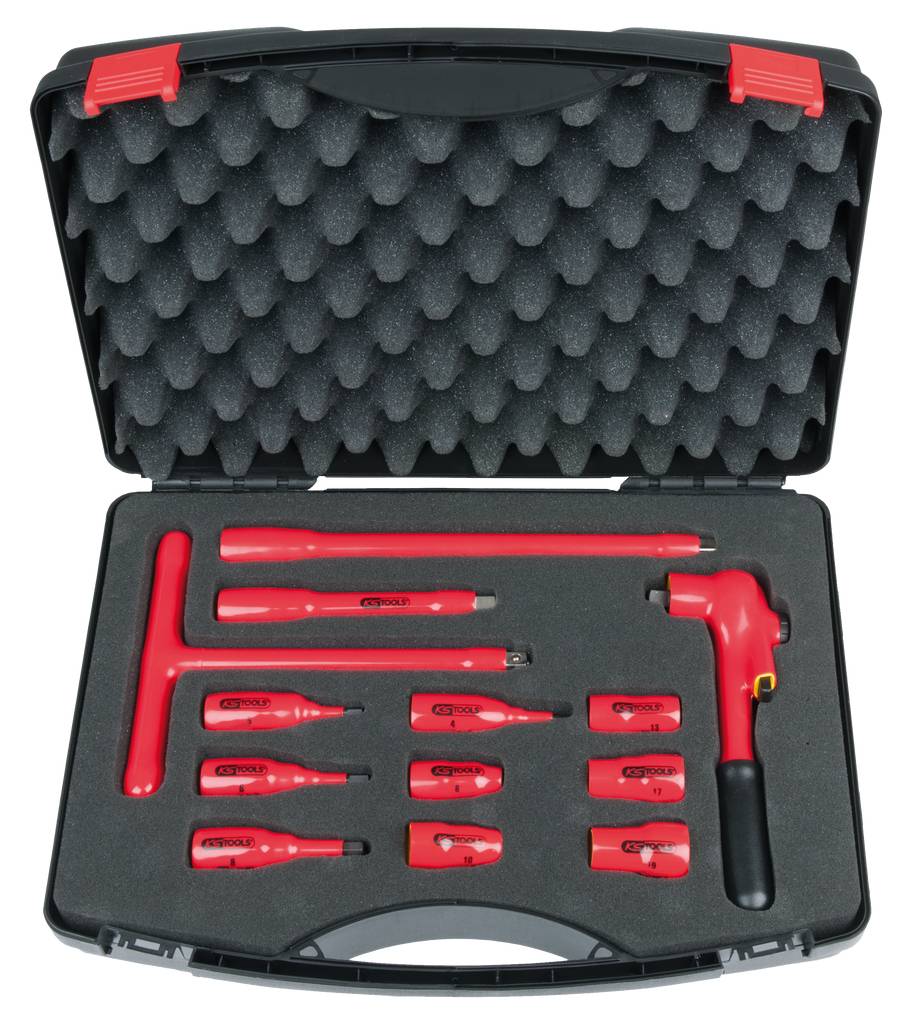 A black suitcase with a red toolset, comprising a hammer, T-handle spanner, and various attachments, laid on a foam insert.