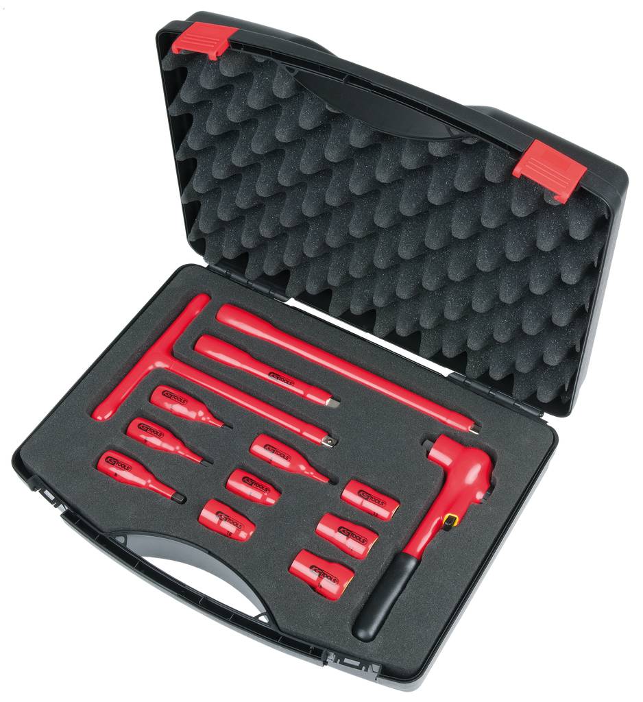 Toolbox with red tools, including a hammer and screwdriver, arranged on a black foam insert.