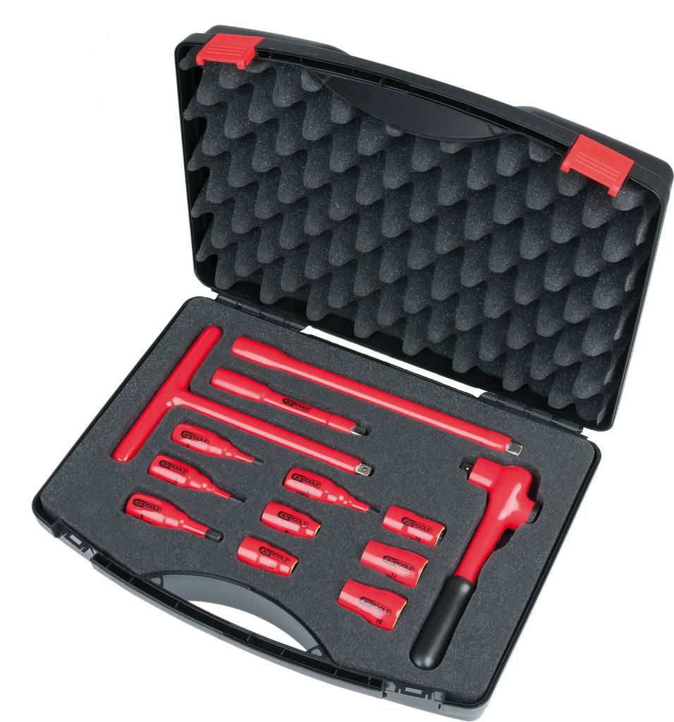 An open toolbox with red specialist tools for removing broken screws or bolts. Contains various attachments and a hammer.
