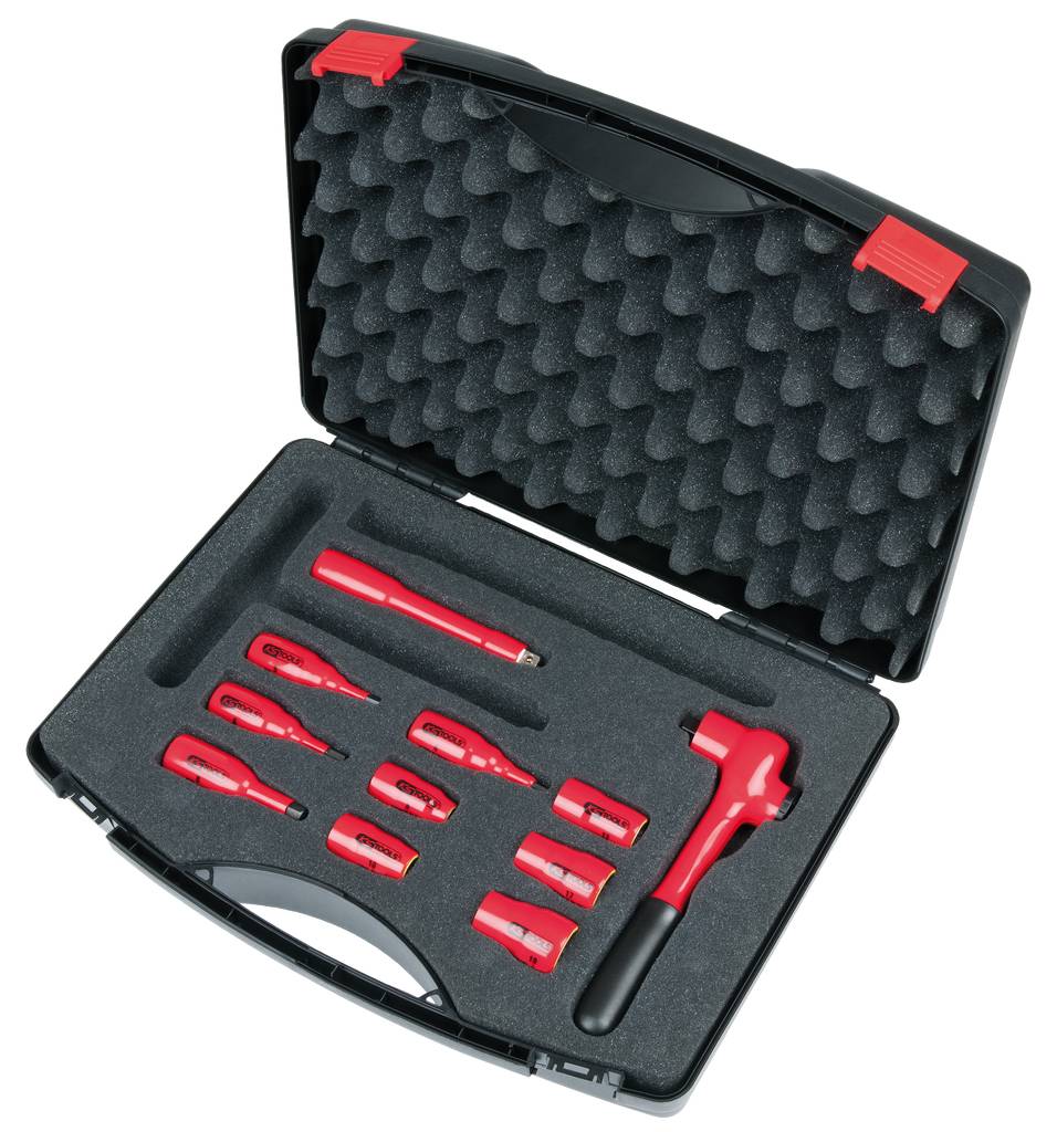 Black tool case with foam insert, contains red hammer and eight drill bits in various sizes.