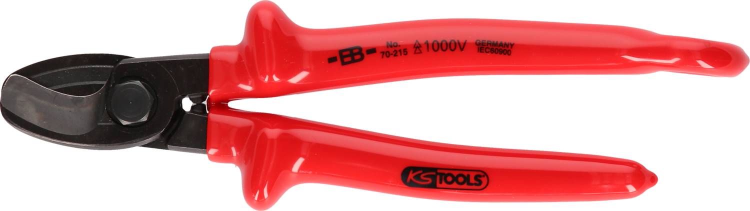 Red and black cable cutters with insulated handles for electrical work, marked with 'KS Tools' and '1000V', suitable for electricians.