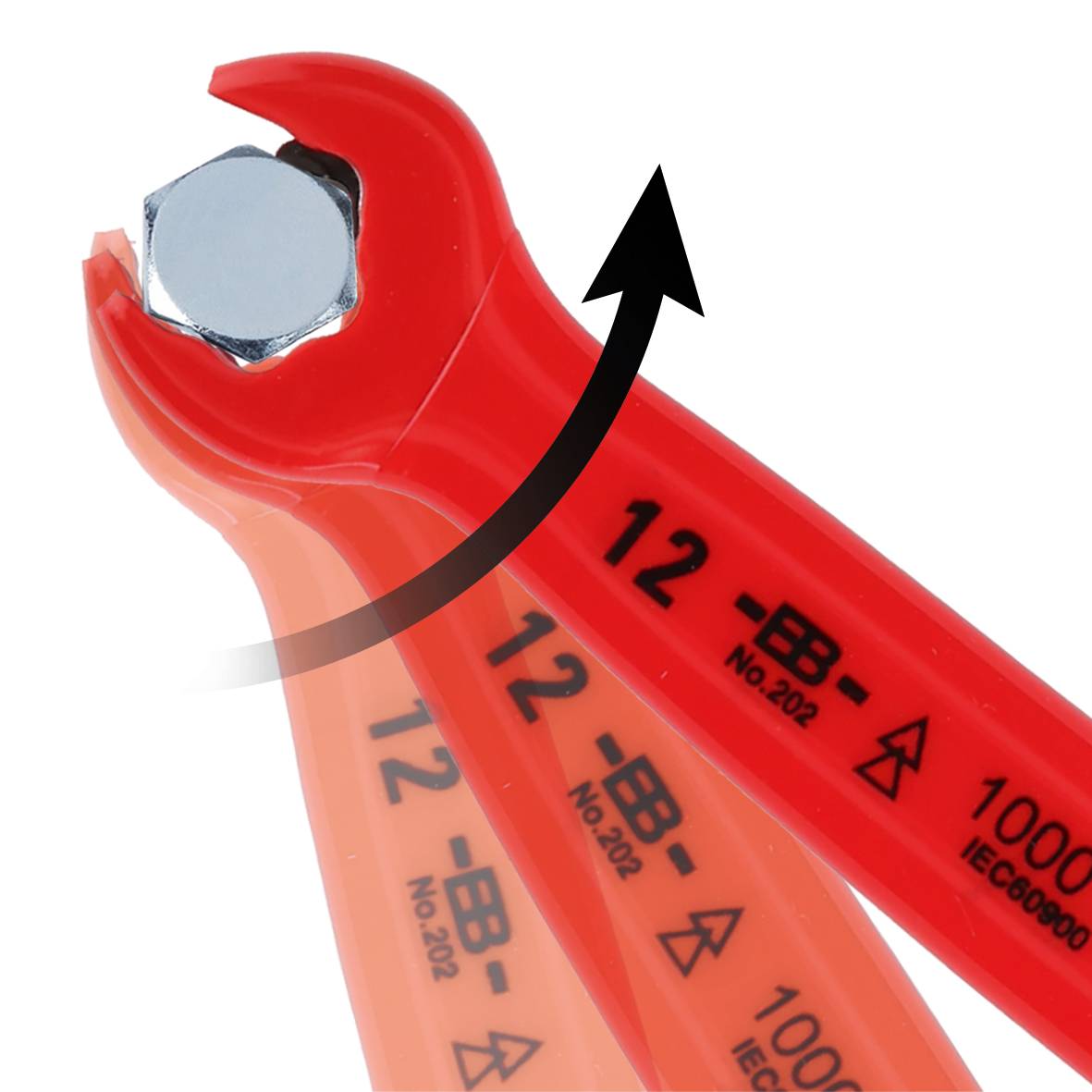 A red ring spanner turns a silver hexagonal screw to the right. On the spanner is written '12-No.202 IEC60000'.