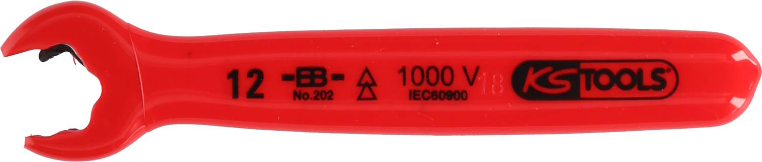 Red isolated fork spanner by KS Tools, marked '12 No.206 1000 V IEC 60900', suitable for live electrical work.