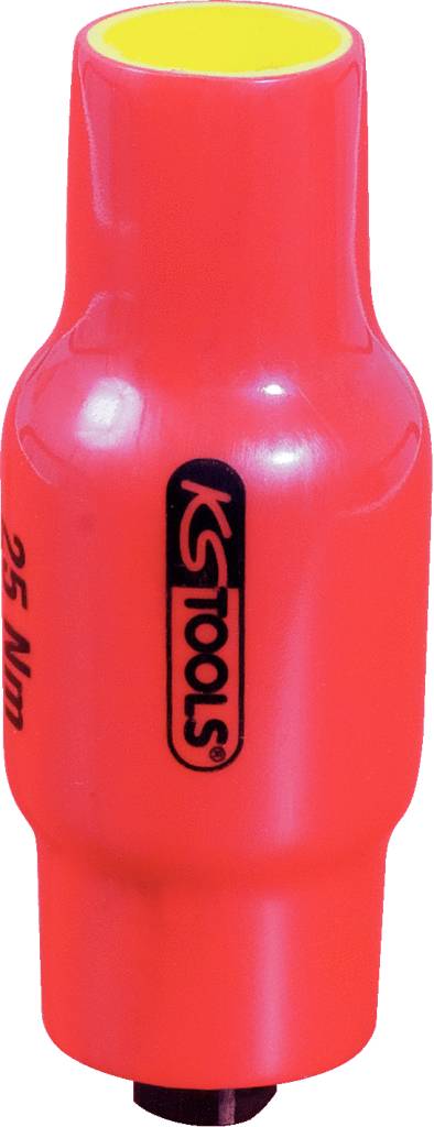 Red socket tool with yellow interior, 'KS Tools' brand logo visible on the side. Used for torque screws.