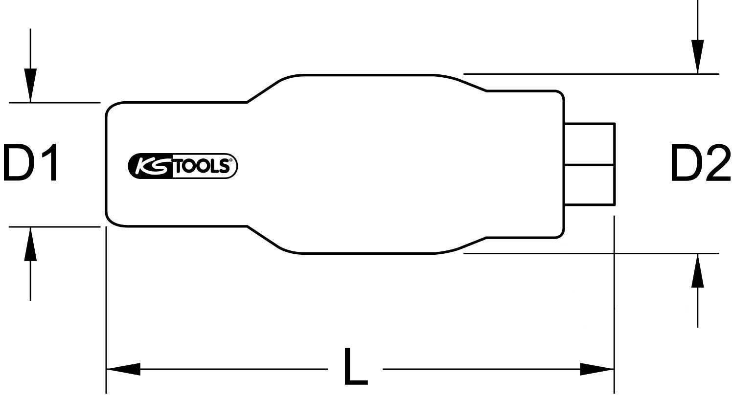 'Illustration of a tool by KS Tools with dimensions: diameter D1, diameter D2, length L. Tool design sketched.'