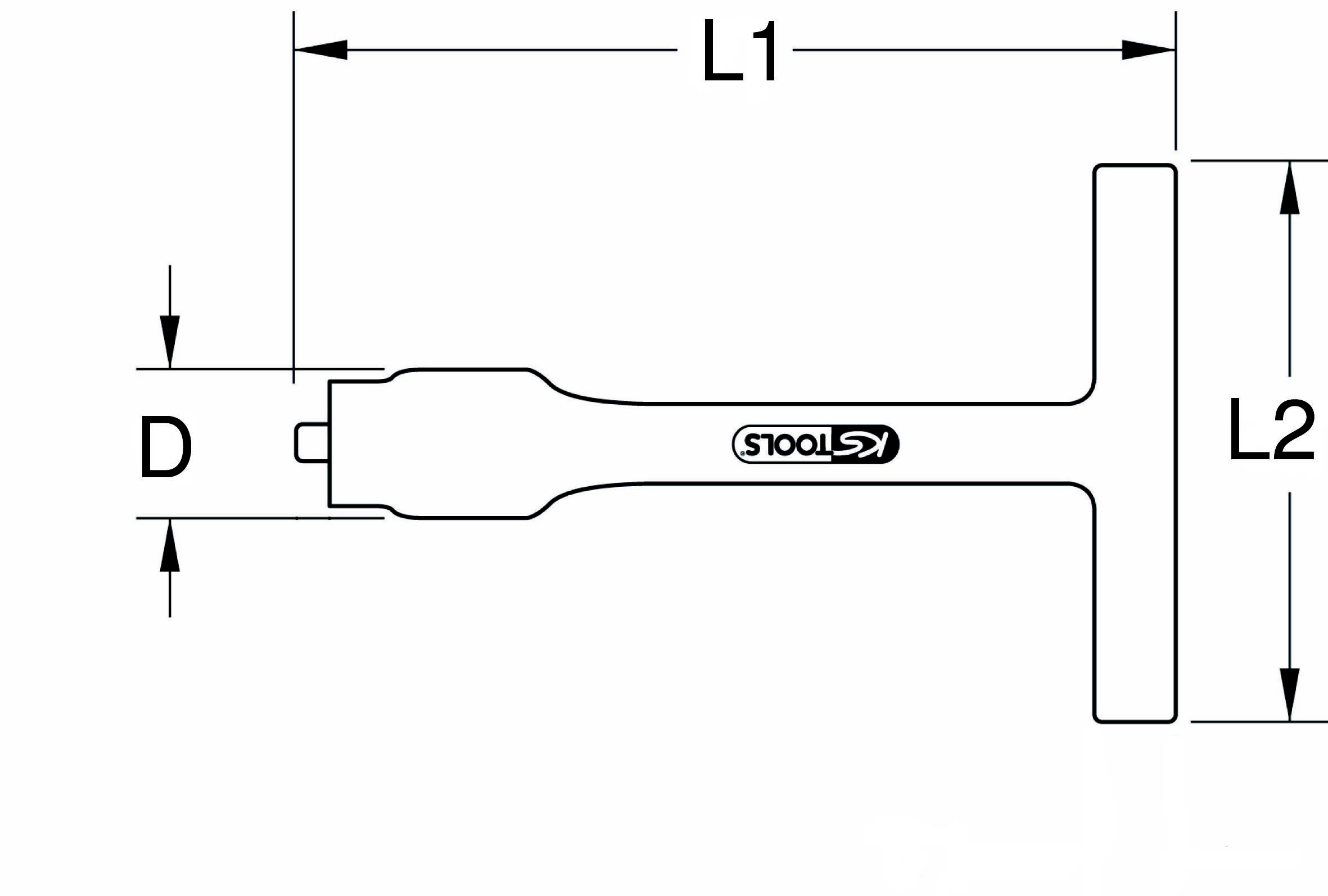 'T-shaped tool in technical drawing. Dimensions: D, L1, L2 specified. Centrally branded with logo. Usage unclear.'