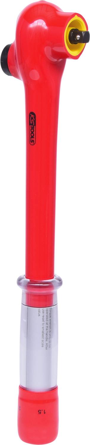 Red torque wrench with handle, printed scale and yellow dot at the tip. Tool for fine-tuning torque.