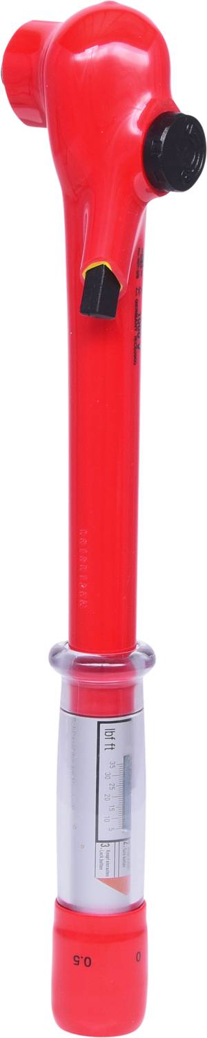 A red torque wrench with a black handle and scale indicator at the lower end, used for precisely tightening screws.