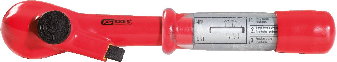 Red torque wrench with scale for newton metres and foot-pounds.