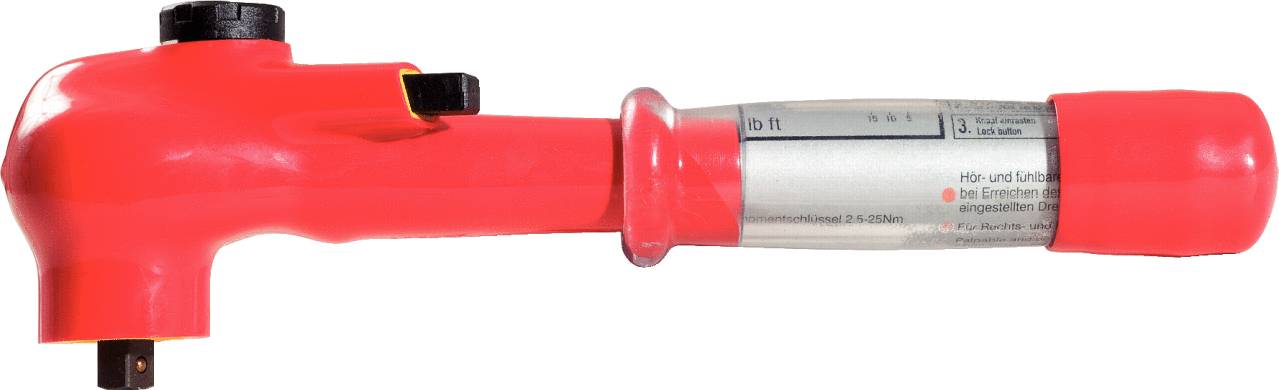 Red torque wrench with handle, scale and settings, for precise tightening of screws, used in technical applications.