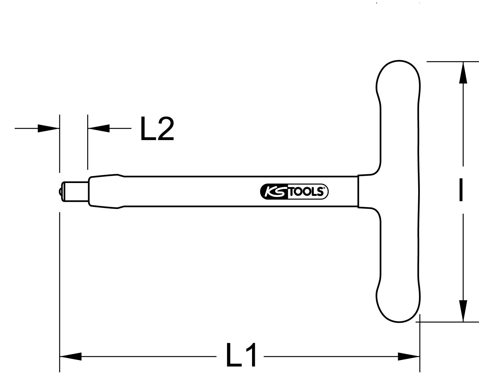 'L-shaped socket key with T-handle, marked with KS Tools. Labelled with L1 and L2 to indicate the dimensions.'