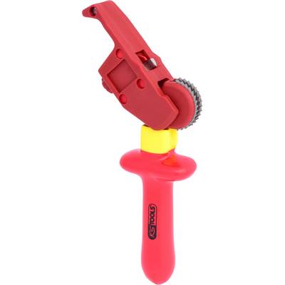 A red brake calliper piston reset tool with a yellow element and red handle, used for resetting brake calliper pistons in braking systems.