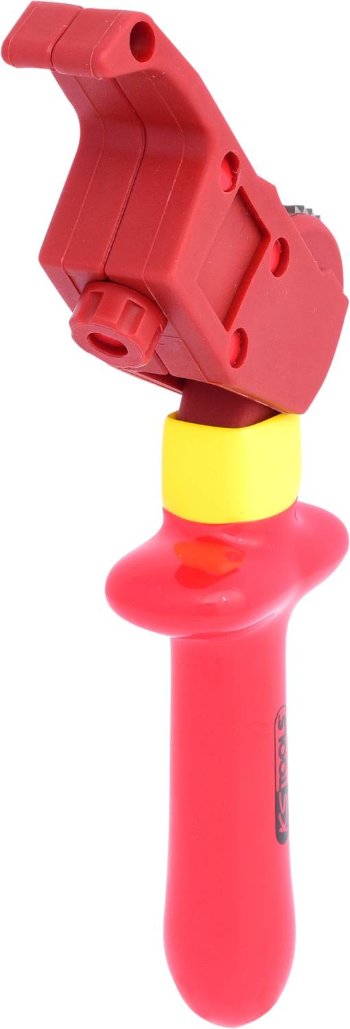 Red and yellow cable stripping tool, vertically aligned, against a white background. Suitable for precise cable stripping.