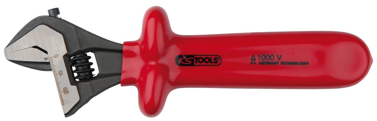 An adjustable spanner with a red insulated handle, suitable for work on live parts up to 1000 volts.