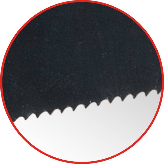 'Saw blade with a wavy edge, close-up, showing the blade's fine teeth.'