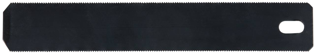 Black saw blade with serrated edges and handle opening on the right side, against a white background.