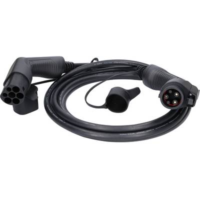 A black charging cable with two connectors for electric vehicles, with a cover on one end, against a white background.
