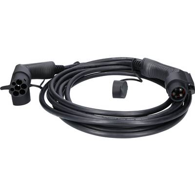 Long, black charging cable for electric vehicles with two plugs at the ends on a white background.