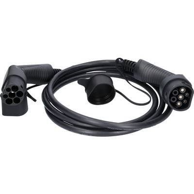 A black charging cable for electric vehicles with two plugs at the ends and a protective cover in the middle.