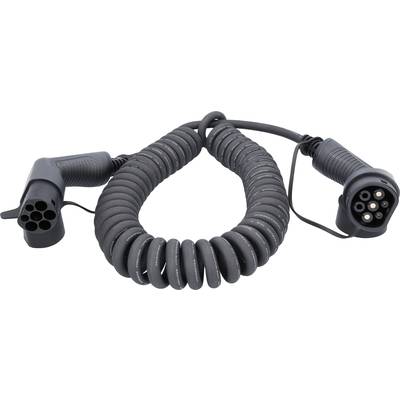 Black, spiral-shaped charging cable with two plugs at the ends, used for electric vehicles.