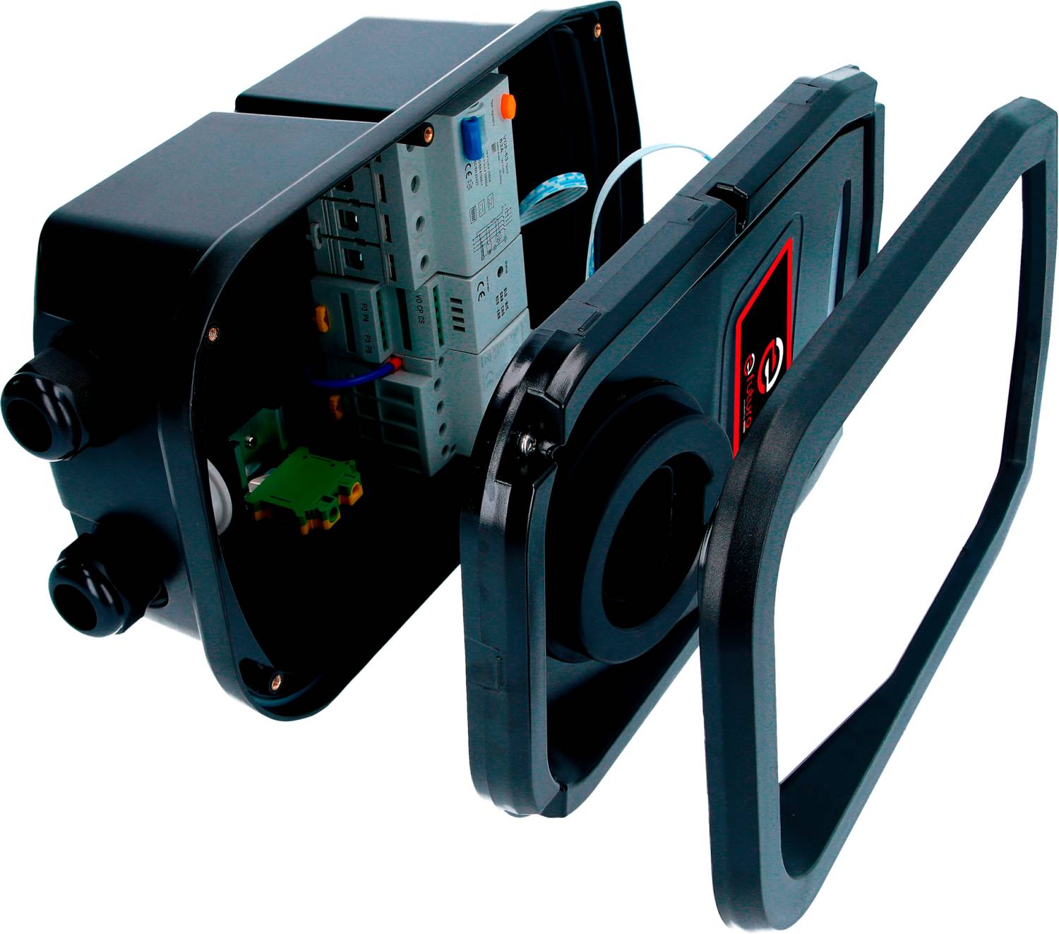 An opened black protective enclosure reveals the electronic internal components with wires and multiple modules.