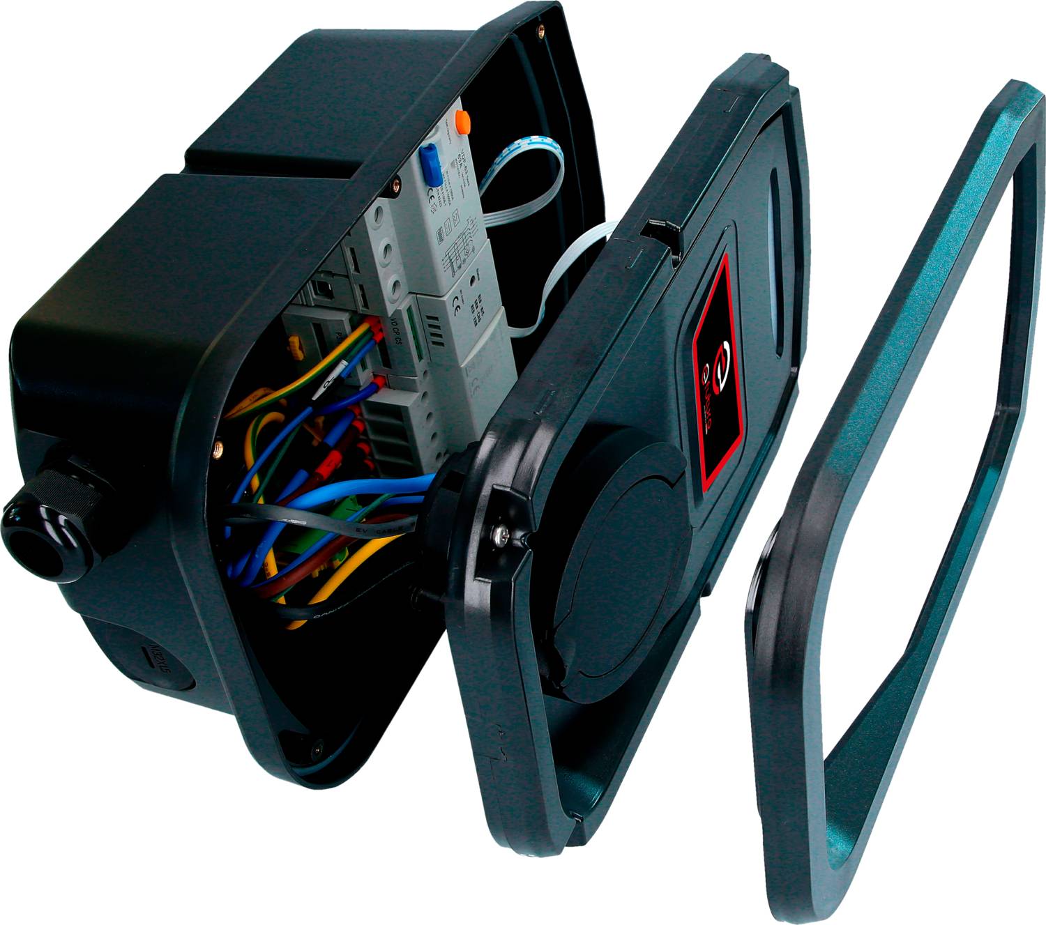 An open black enclosure with visible colourful cables and a built-in electronic device.