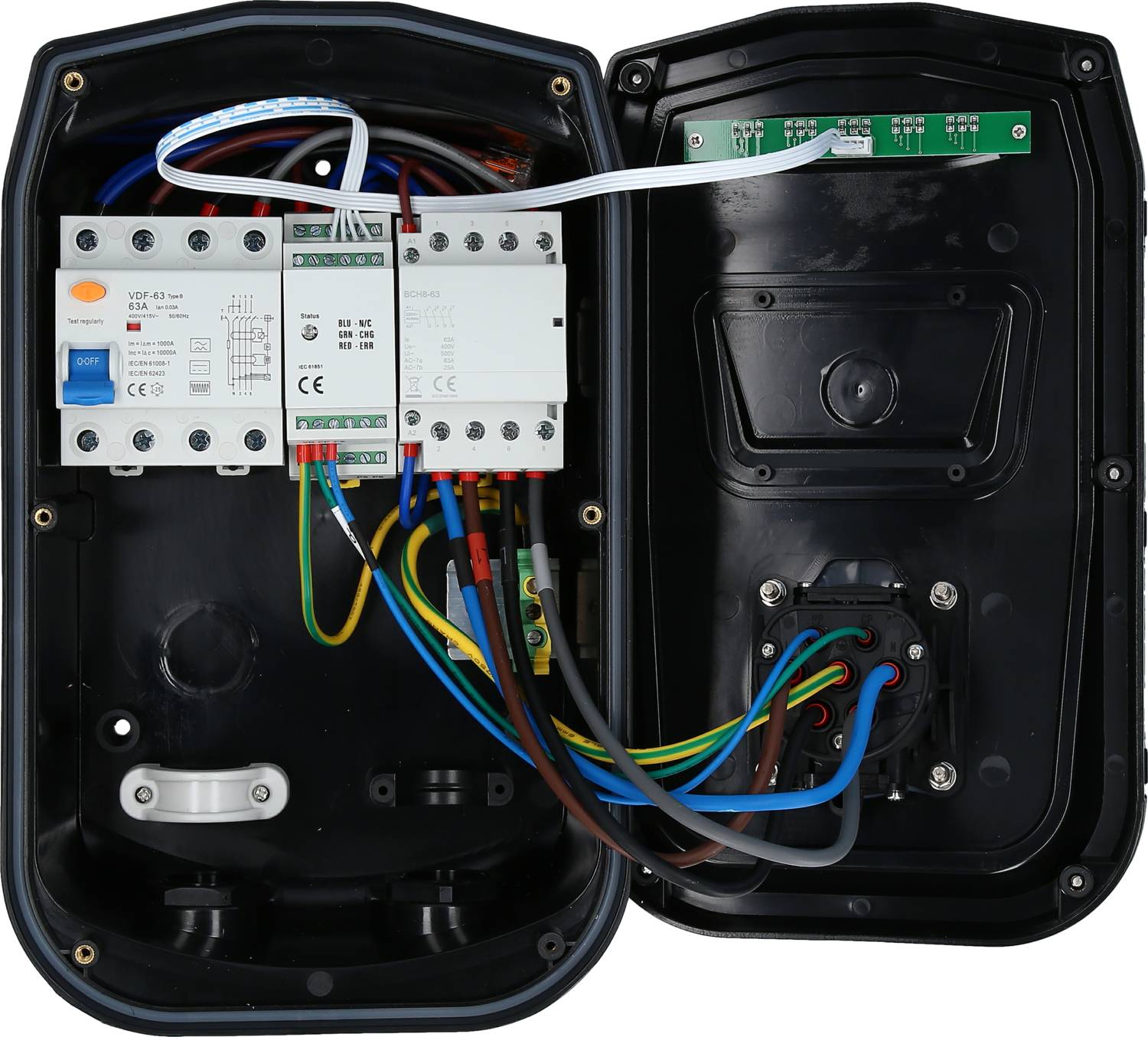 An open electrical enclosure reveals circuits and colourful cables connected to various components.