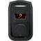 Electronic black door lock with a futuristic design and a central red marking.