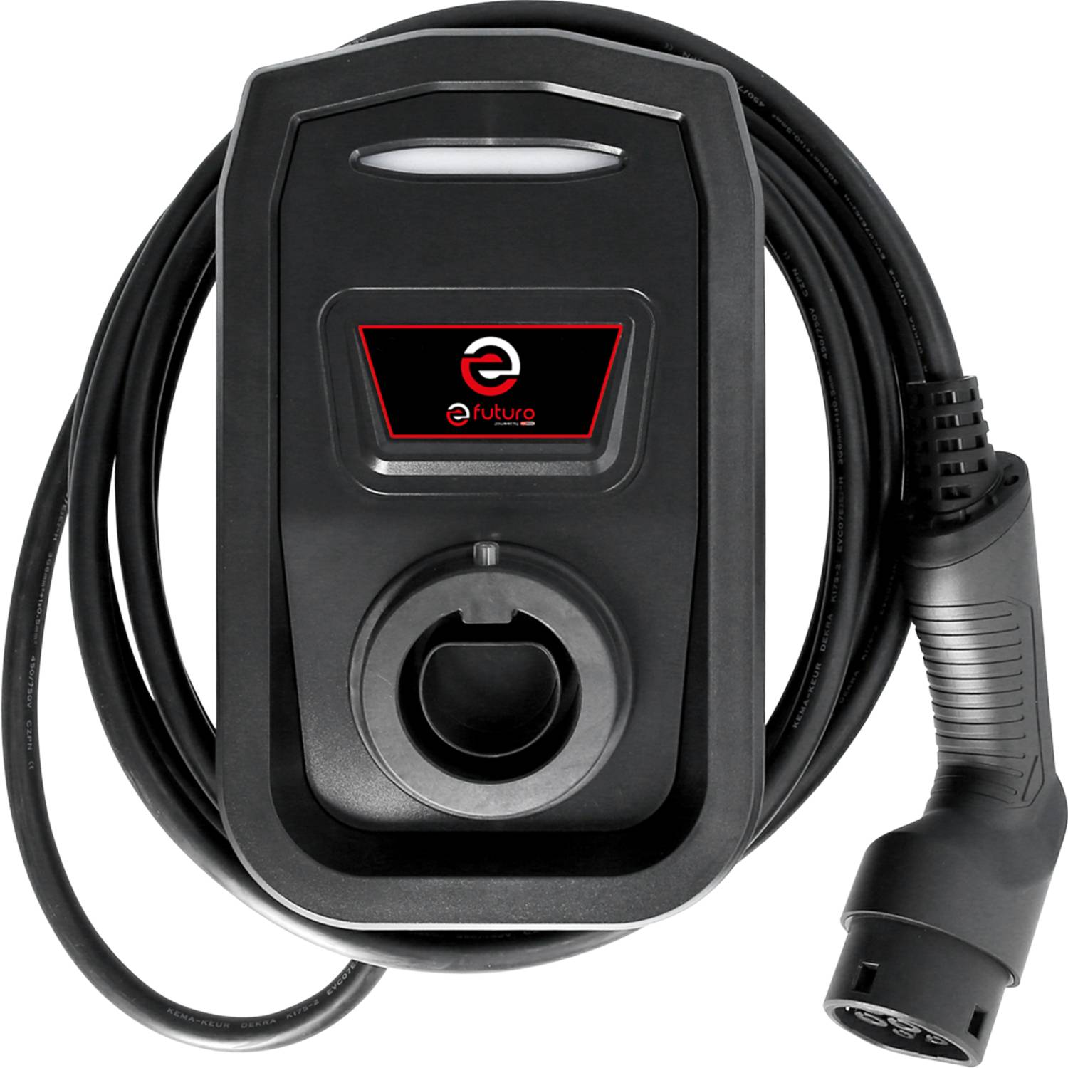 Black charger for electric vehicles with cable and plug. Marked with a logo in the centre.